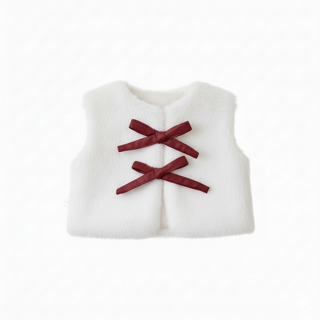 طقم ملابس شتوية أنيقة للبنات - سترة من الفرو الصناعي، وبلوزة بأكمام منفوخة، وتنورة مطوية، وقبعة بيريه متناسقة