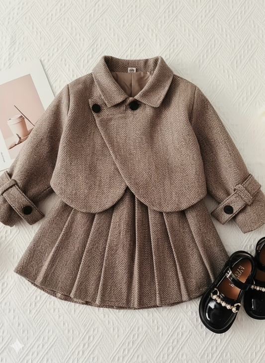 Ensemble deux pièces automne/hiver pour fille : manteau à revers en tweed décontracté et jupe plissée rétro