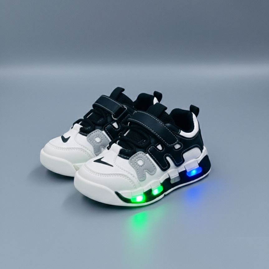 أحذية رياضية مضيئة للأطفال بتقنية LED بأربعة خيارات ألوان، مزودة بألواح شبكية تسمح بالتهوية، وأشرطة لاصقة، ونعال شفافة تتوهج أثناء المشي.