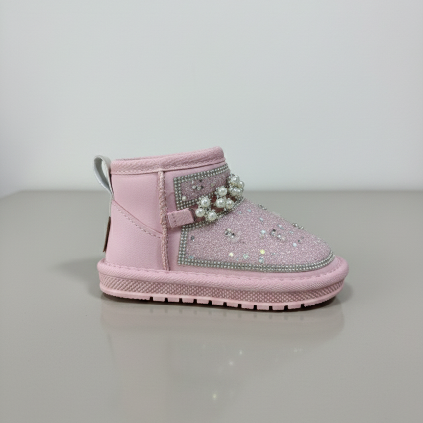 Kids Winter Glitter Boots with Pearls – Warm Fur Lined Non-Slip Ankle Shoes for Girls,