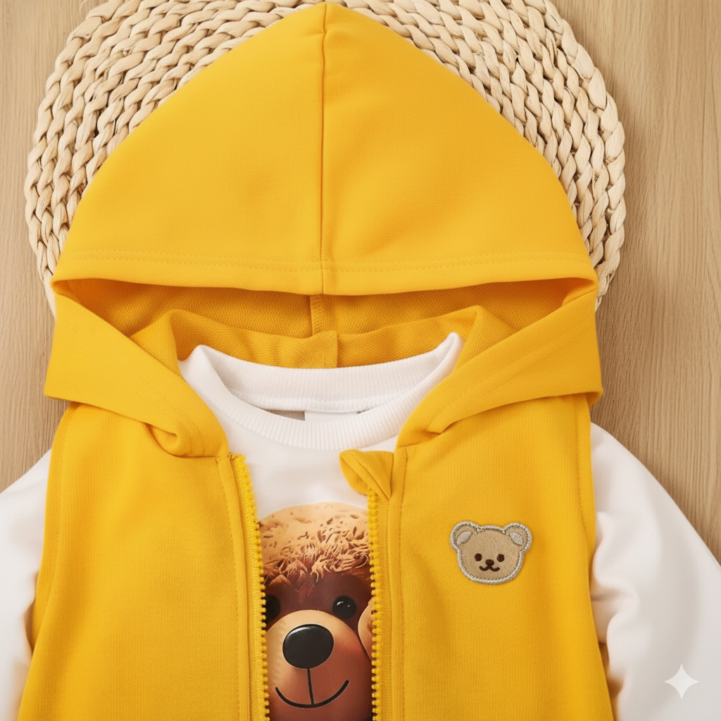 Ensemble 3 pièces pour garçon et fille : un t-shirt avec imprimé ours, un sweat à capuche et un pantalon de sport.Ensemble 3 pièces pour garçon et fille : un t-shirt avec imprimé ours, un sweat à capuche et un pantalon de sport.