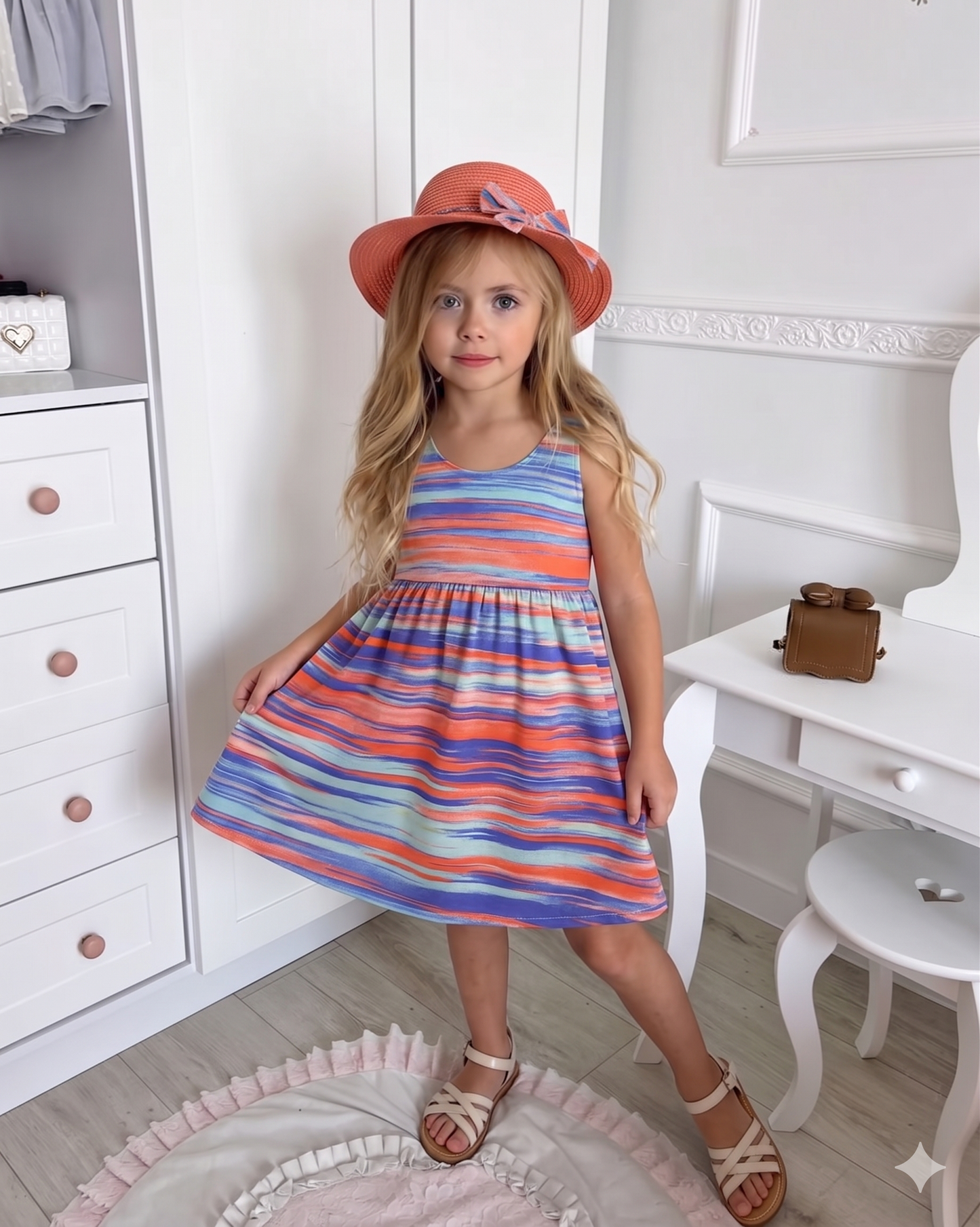 Robe d'été colorée pour fille avec un chapeau élégant et un grand nœud papillon