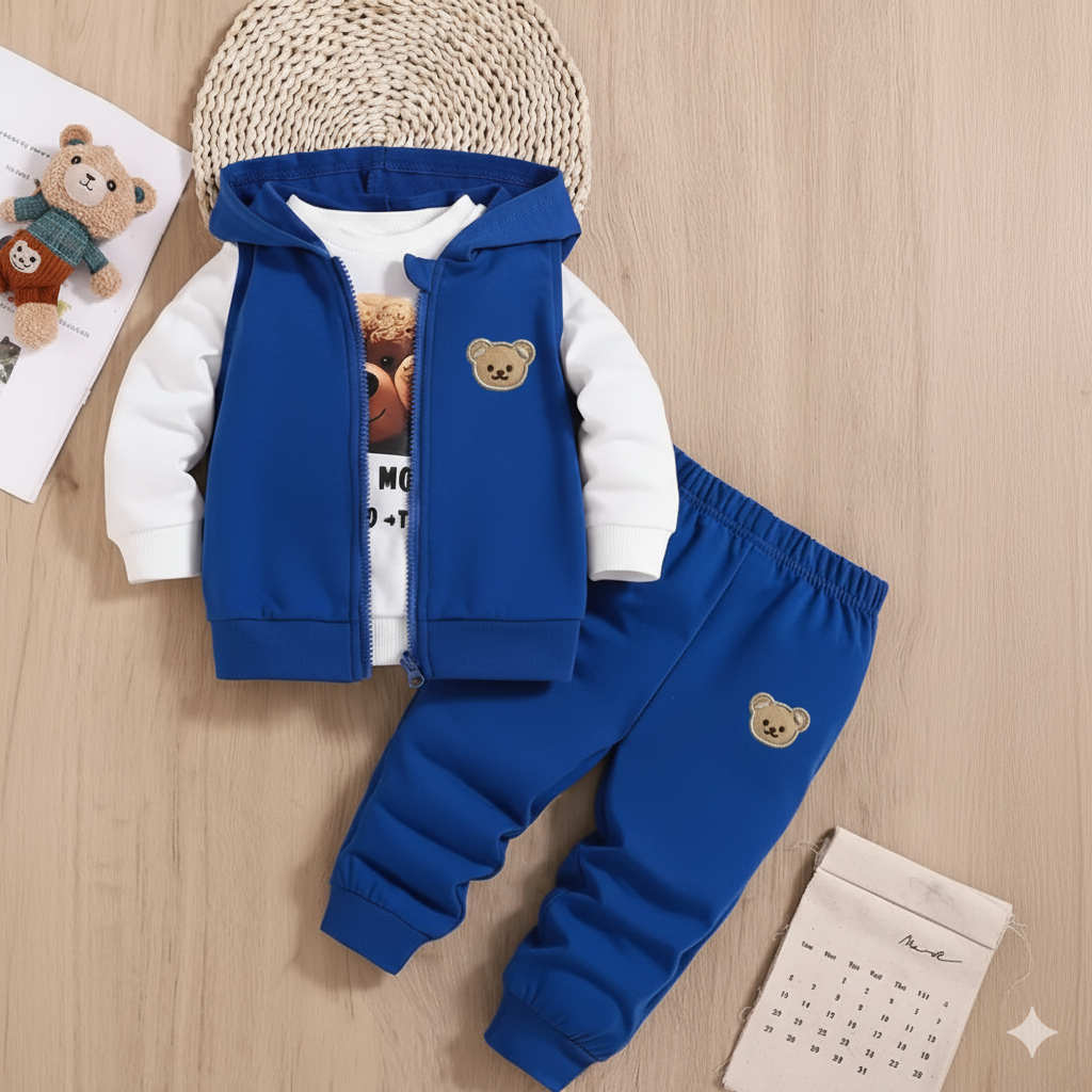 Ensemble 3 pièces pour garçon et fille : un t-shirt avec imprimé ours, un sweat à capuche et un pantalon de sport.Ensemble 3 pièces pour garçon et fille : un t-shirt avec imprimé ours, un sweat à capuche et un pantalon de sport.