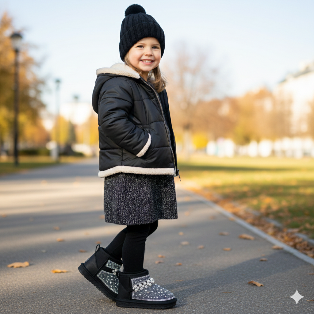 Kids Winter Glitter Boots with Pearls – Warm Fur Lined Non-Slip Ankle Shoes for Girls,