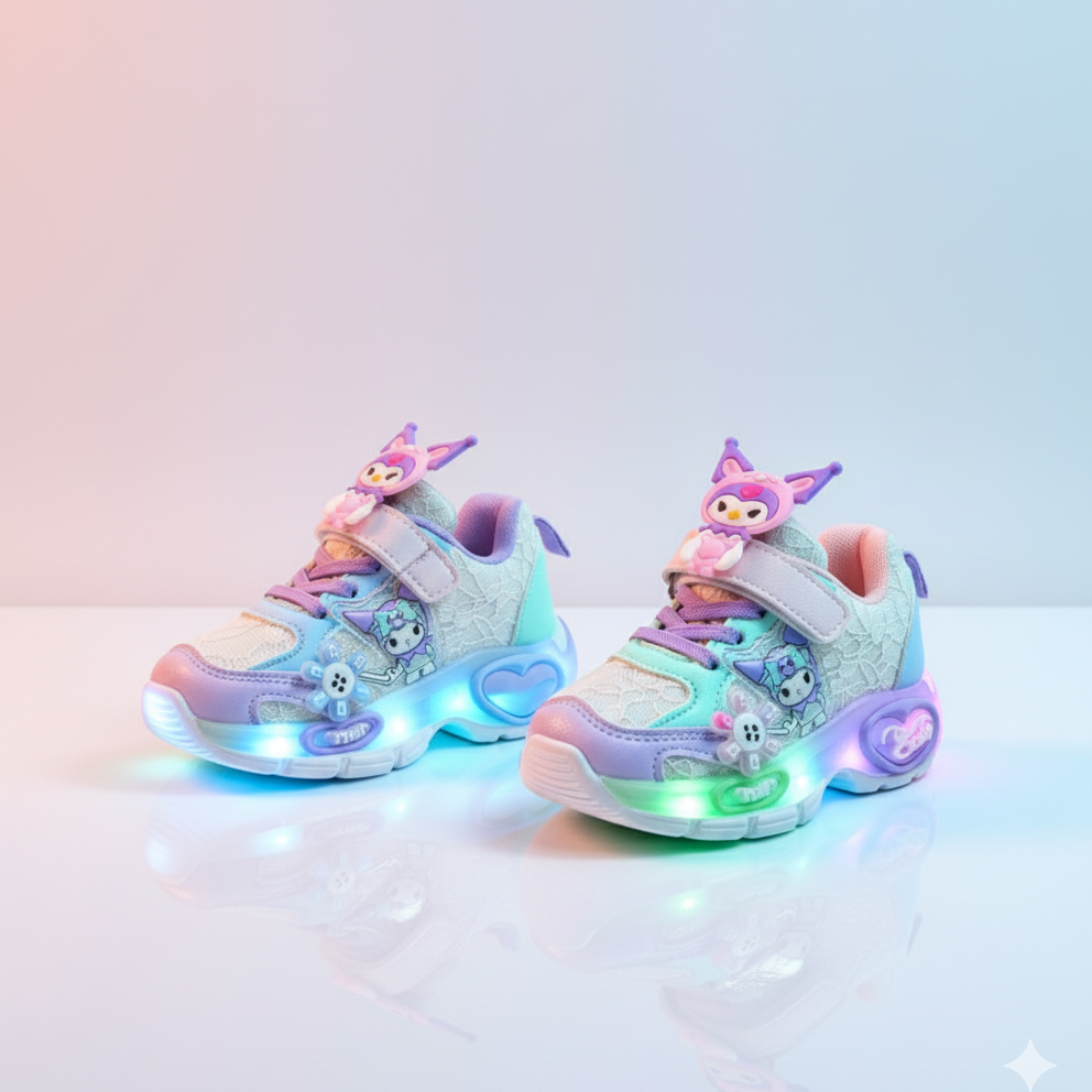 2025 Spring New Children's Kuromi Sports Shoes Princess Light Up Campus Running Shoes Breathable Girls Luminous Shoes