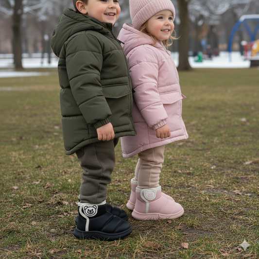 Bottes d'hiver chaudes pour enfants, doublure douce, motif ours mignon, semelle antidérapante, chaussures confortables pour bébé