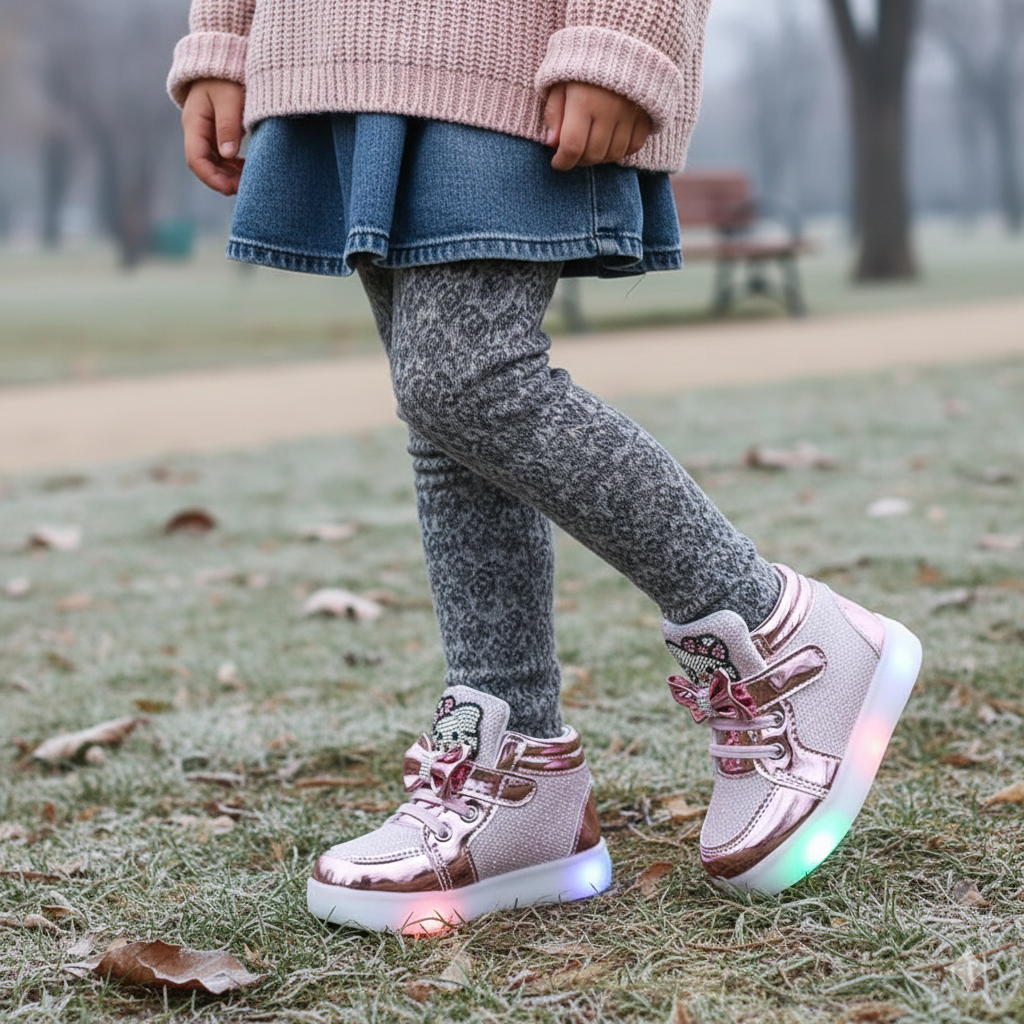 Girls LED Light-Up Glitter Sneakers | Fashion High-Top Shoes for Kids