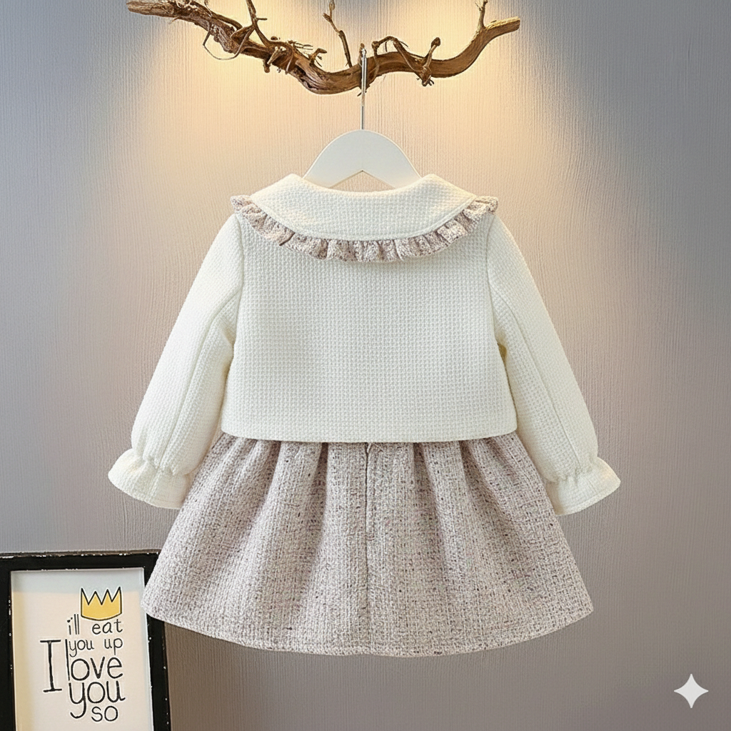 🌸 طقم شتوي أنيق للبنات – معطف ناعم، فستان ، وحقيبة صغيرة 🌸