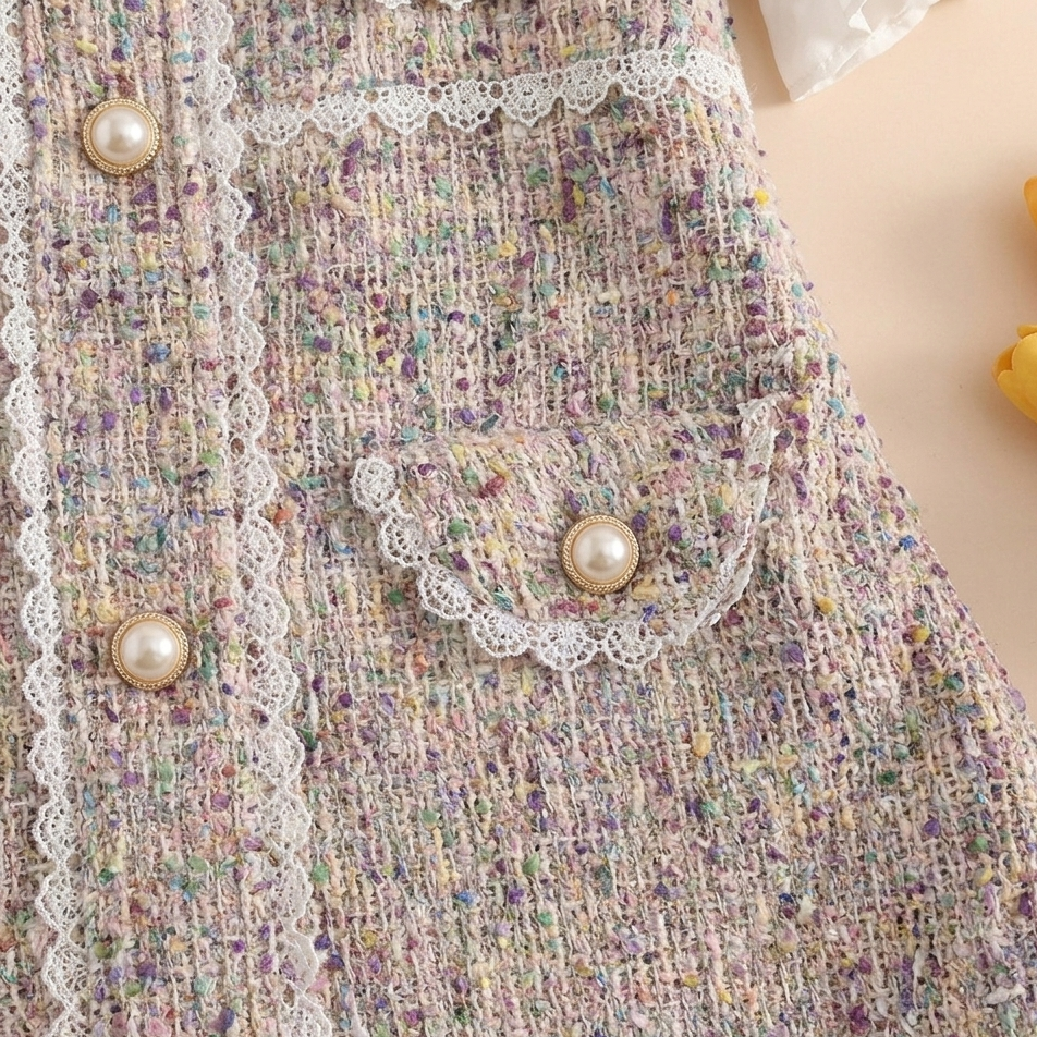 Girls Elegant Tweed Puff Sleeve Party Dress – Princess Style A-Line Dress