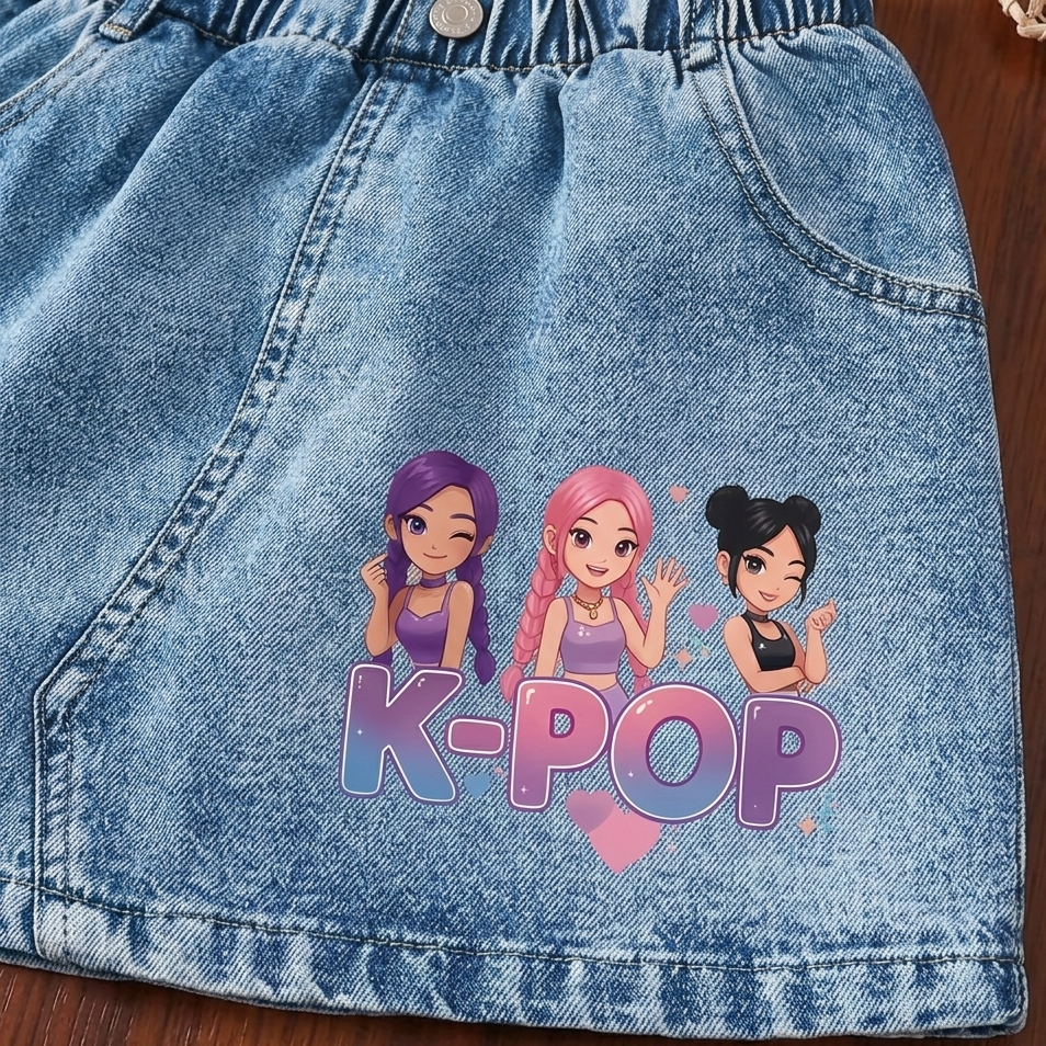 K-Pop Girls Summer Set – Pink T-Shirt & Denim Skirt