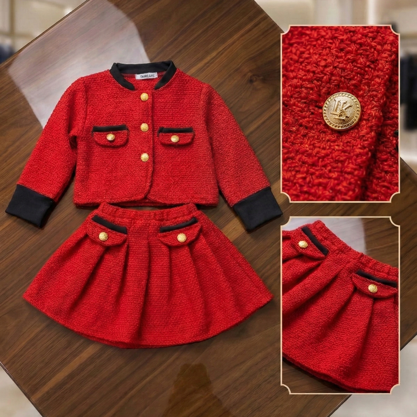 Girls Elegant Red Tweed Jacket & Skirt Set – Classic Party Wear Outfit Made with a Chanel dress