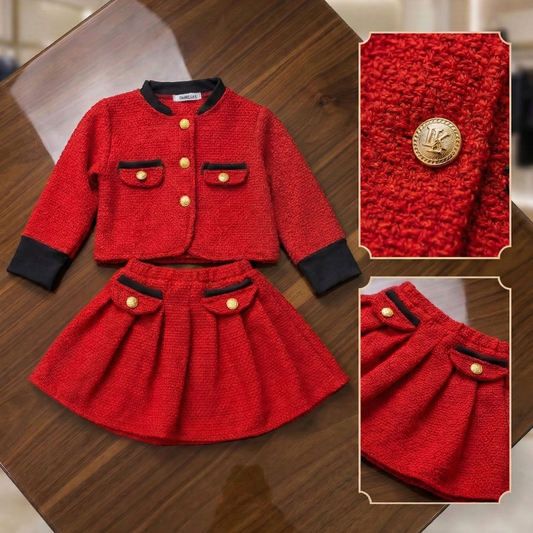 Girls Elegant Red Tweed Jacket & Skirt Set – Classic Party Wear Outfit Made with a Chanel dress