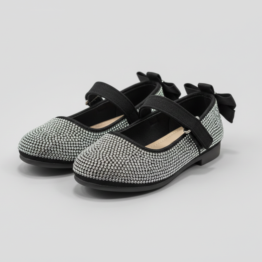 Girls Sparkly Mary Jane Flats with Bow – Elegant Rhinestone Party Shoes