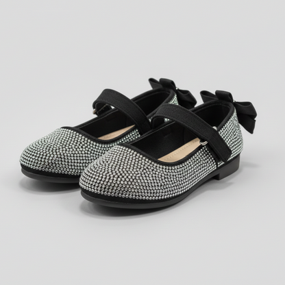Girls Sparkly Mary Jane Flats with Bow – Elegant Rhinestone Party Shoes