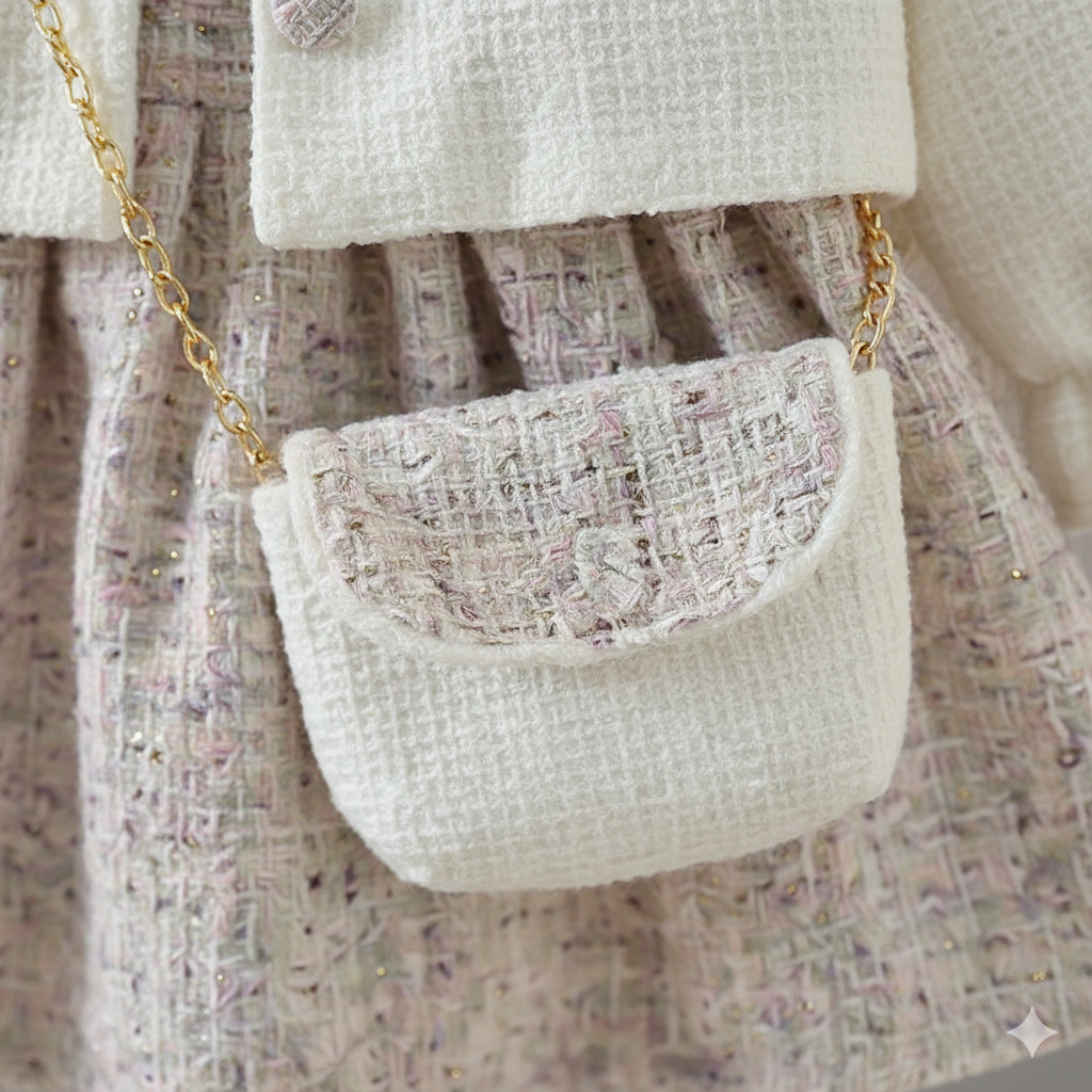 🌸 طقم شتوي أنيق للبنات – معطف ناعم، فستان ، وحقيبة صغيرة 🌸