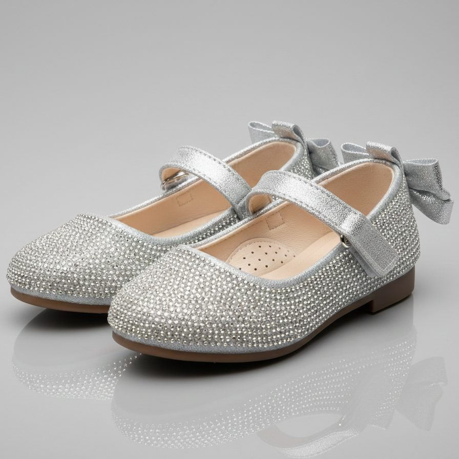 Girls Sparkly Mary Jane Flats with Bow – Elegant Rhinestone Party Shoes