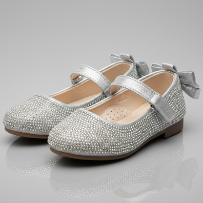 Girls Sparkly Mary Jane Flats with Bow – Elegant Rhinestone Party Shoes