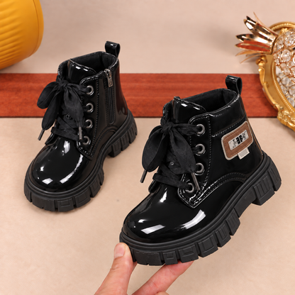 Kids’ Glossy Lace-Up Ankle Boots with Chunky Treaded Soles – Stylish Everyday Footwear in Black, Beige and Cream