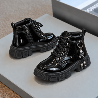 Bottines à lacets vernies pour fille avec breloques perlées et semelles épaisses