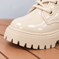 Girls’ Glossy Lace-Up Ankle Boots with Chunky Soles and Cute Bear Details