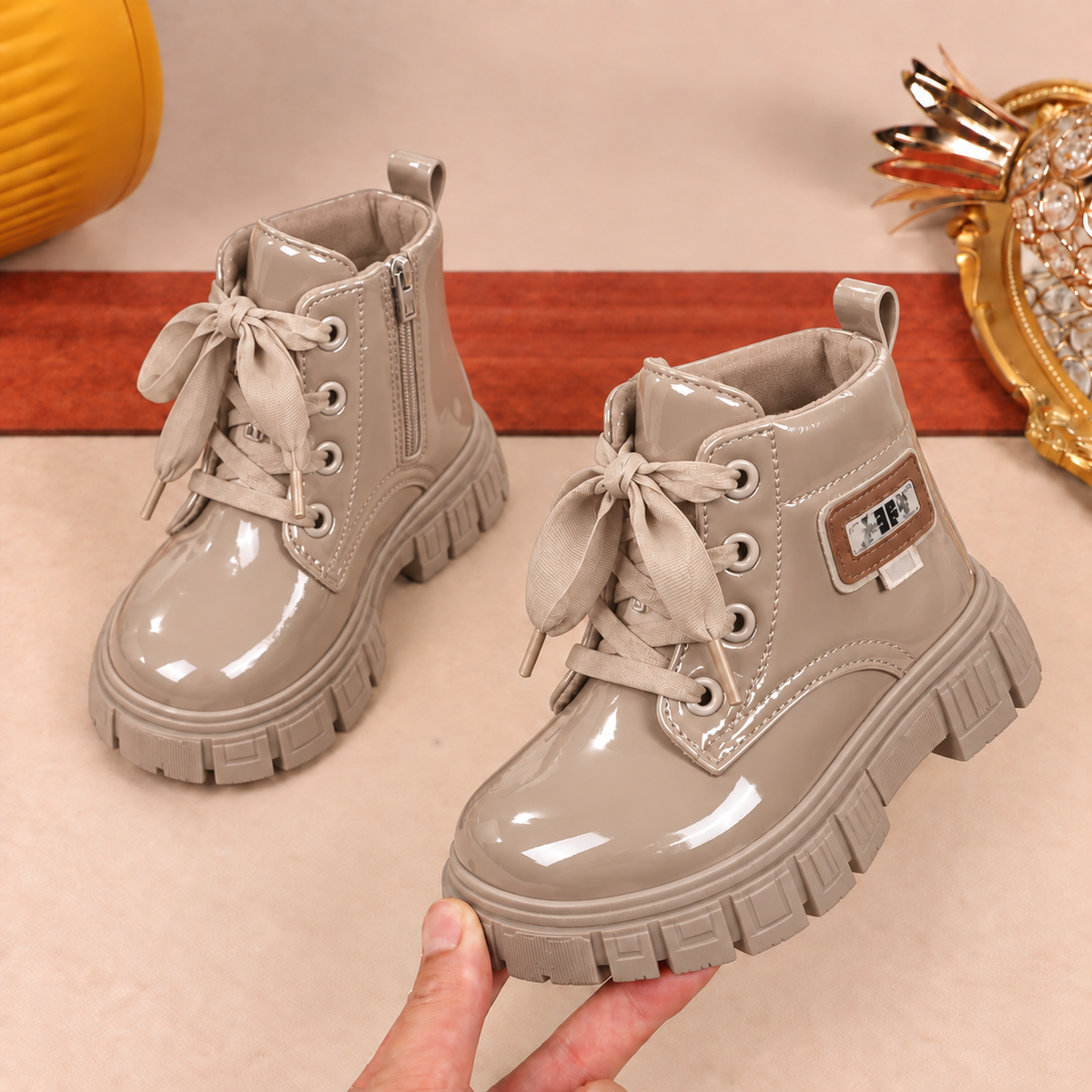 Kids’ Glossy Lace-Up Ankle Boots with Chunky Treaded Soles – Stylish Everyday Footwear in Black, Beige and Cream
