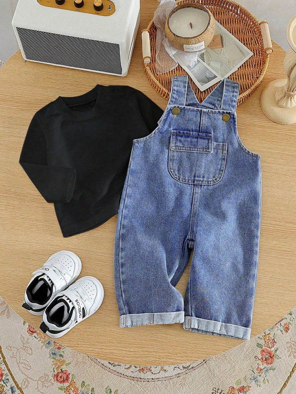 Baby Boys Solid Color T-Shirt & Rolled-Up Denim Overall Jumpsuit – Trendy Spring Outfit - IRRAKIDS