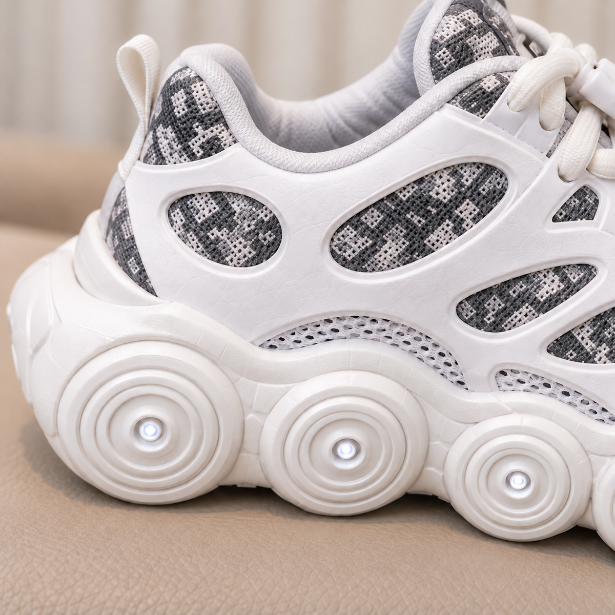 Kids’ Trendy Chunky Sneakers with Patterned Panels, Adjustable Lace-Up Fastening and Bold Circular Sole Details – Stylish Everyday Shoes for Boys and Girls