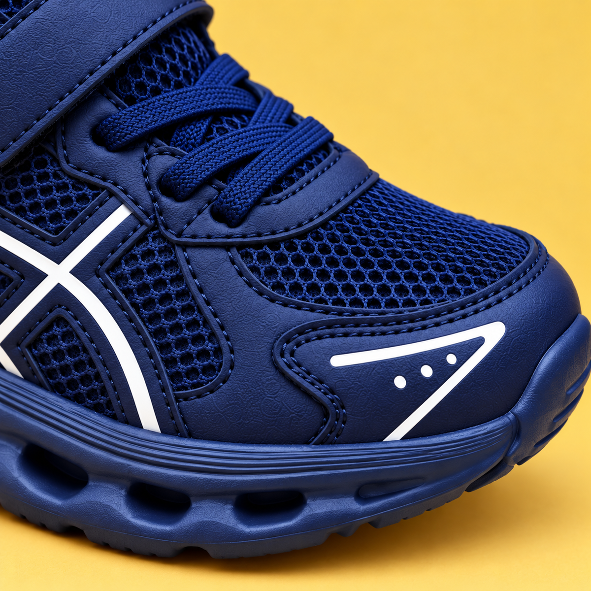 Baskets sportives pour enfant en mesh avec détails latéraux contrastants, semelles ajourées sculptées et fermeture à lacets ou auto-agrippante — Chaussures de tous les jours
