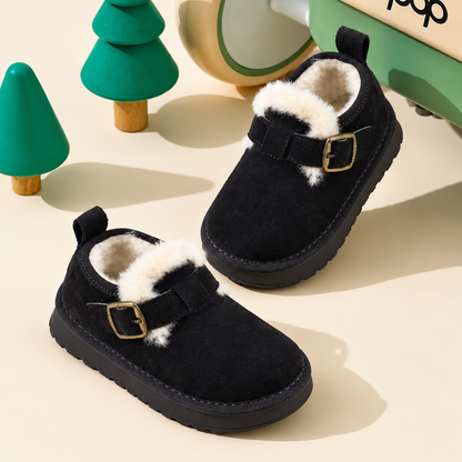 Chaussures montantes pour enfants, doublées de polaire, aspect daim, avec boucle classique et semelle épaisse pour des tenues d'automne et d'hiver ravissantes