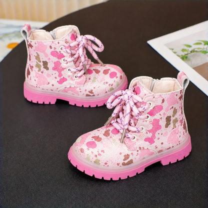Girls’ Charming Butterfly & Heart Print Lace-Up Ankle Boots