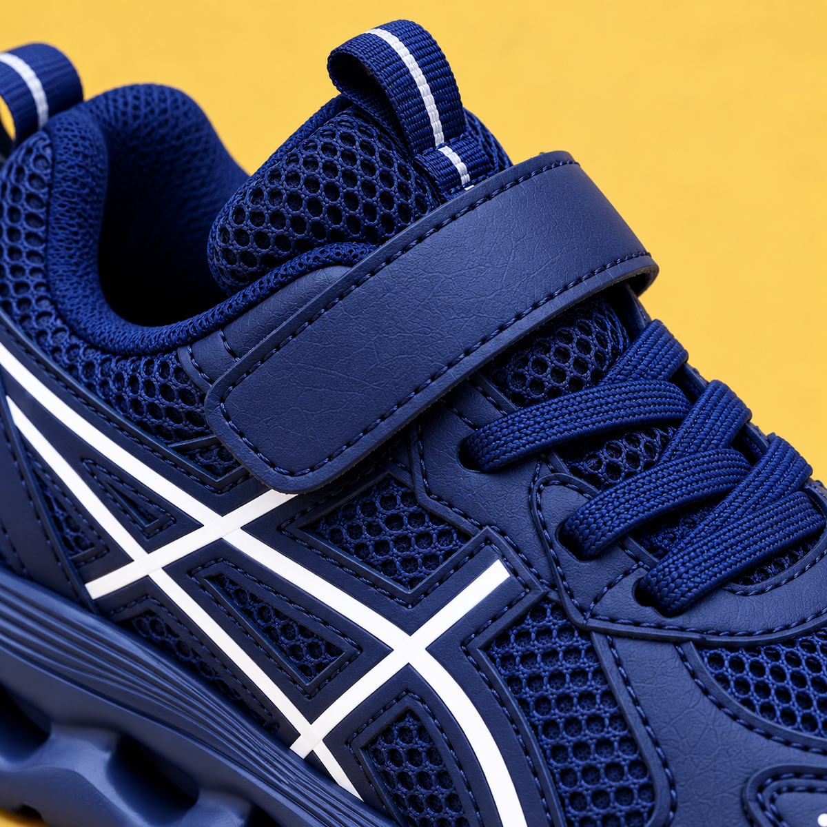 Baskets sportives pour enfant en mesh avec détails latéraux contrastants, semelles ajourées sculptées et fermeture à lacets ou auto-agrippante — Chaussures de tous les jours