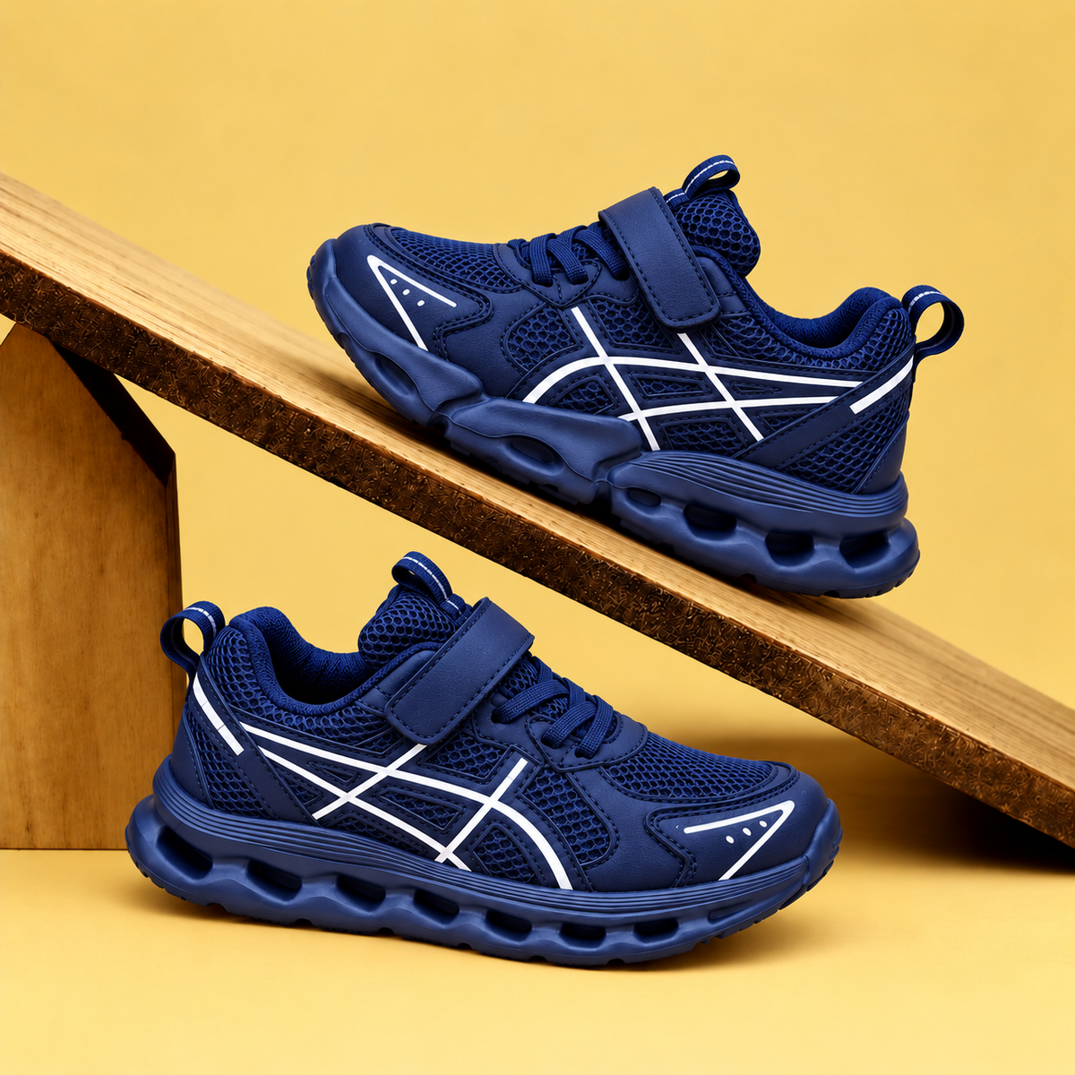 Baskets sportives pour enfant en mesh avec détails latéraux contrastants, semelles ajourées sculptées et fermeture à lacets ou auto-agrippante — Chaussures de tous les jours