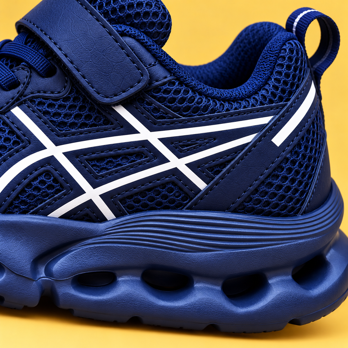 Baskets sportives pour enfant en mesh avec détails latéraux contrastants, semelles ajourées sculptées et fermeture à lacets ou auto-agrippante — Chaussures de tous les jours