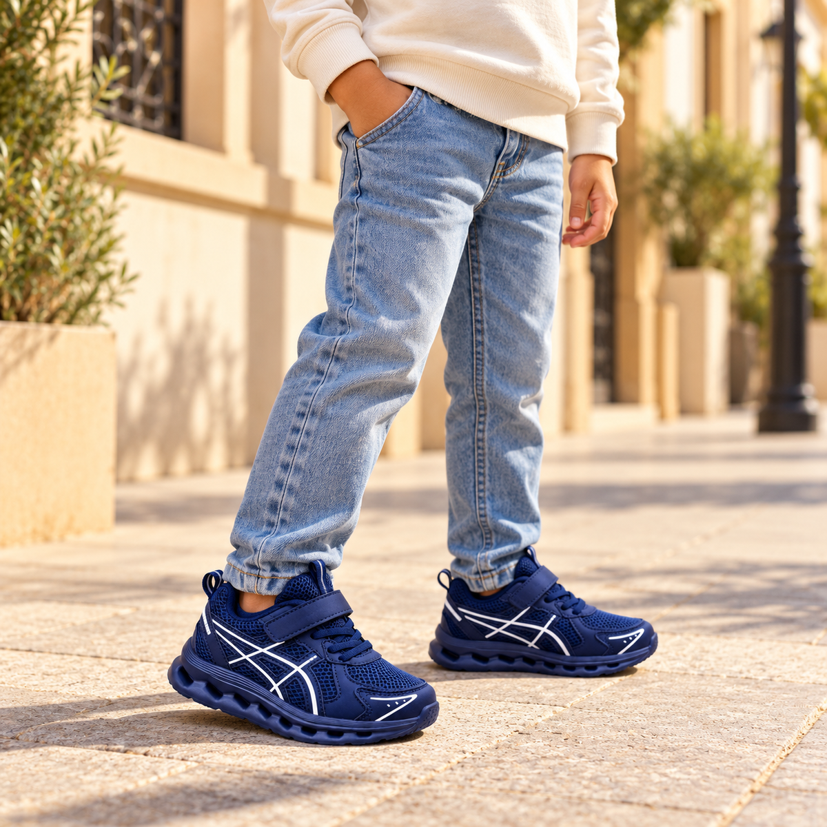 Baskets sportives pour enfant en mesh avec détails latéraux contrastants, semelles ajourées sculptées et fermeture à lacets ou auto-agrippante — Chaussures de tous les jours