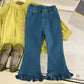 Stylish girls outfit with a modern touch - loose olive blouse with attractive pleated jeans - IRRAKIDS