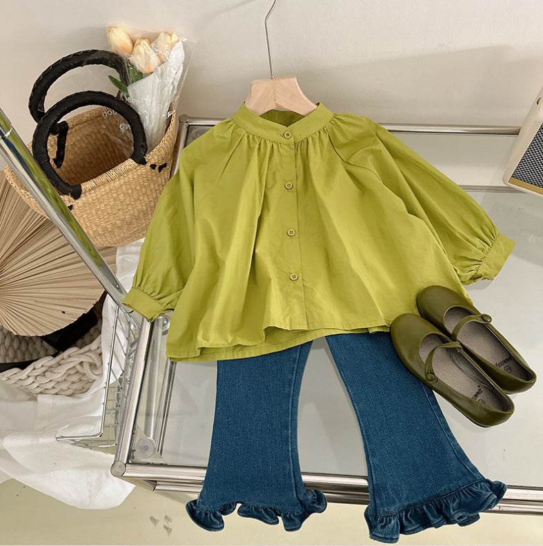 Stylish girls outfit with a modern touch - loose olive blouse with attractive pleated jeans - IRRAKIDS