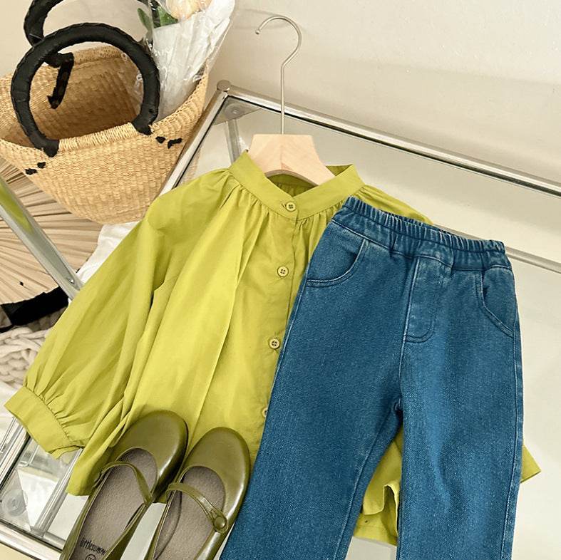 Stylish girls outfit with a modern touch - loose olive blouse with attractive pleated jeans - IRRAKIDS