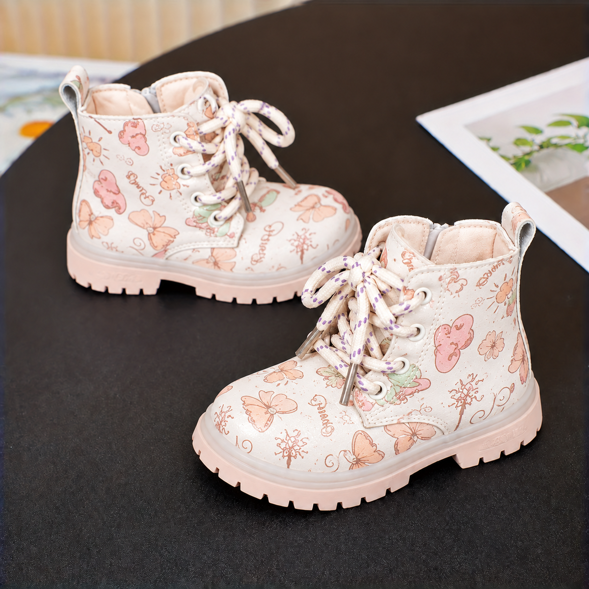 Girls’ Charming Butterfly & Heart Print Lace-Up Ankle Boots