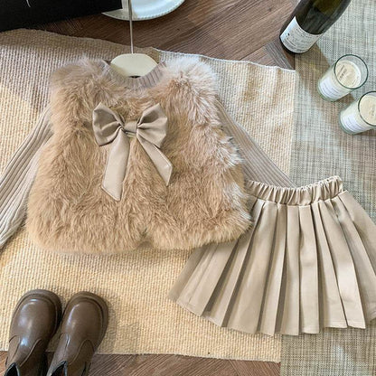 Girls Clothes Set Autumn Winter children Fashion Woolen Sweater Coat Knitted Tops + Long Sleeve Top+Velvet Pleated Leather Skirt Fashion - IRRAKIDS