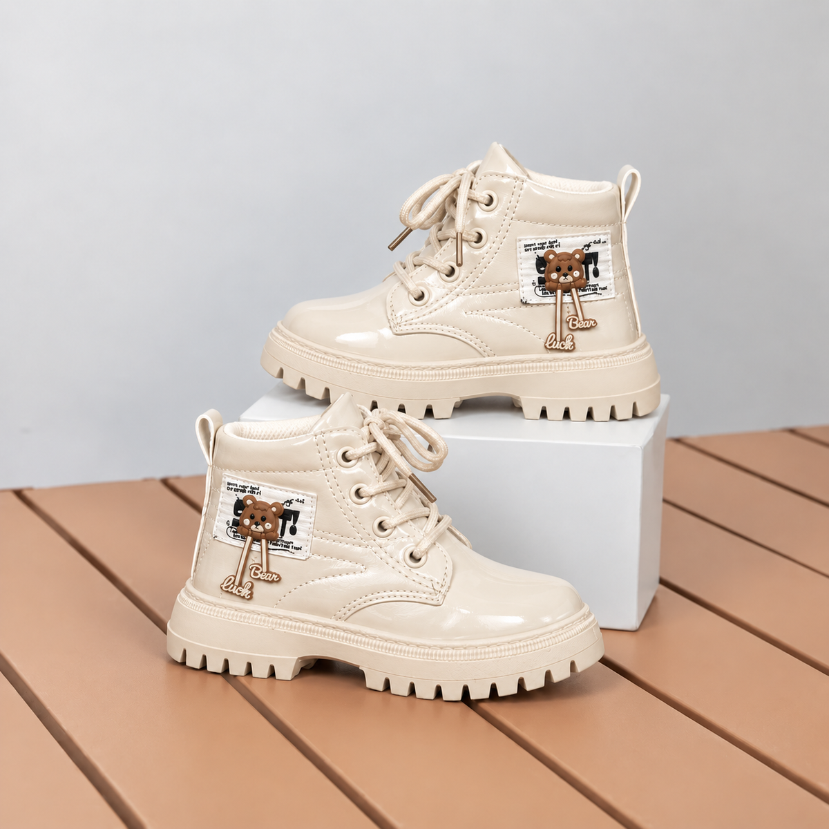 Girls’ Glossy Lace-Up Ankle Boots with Chunky Soles and Cute Bear Details