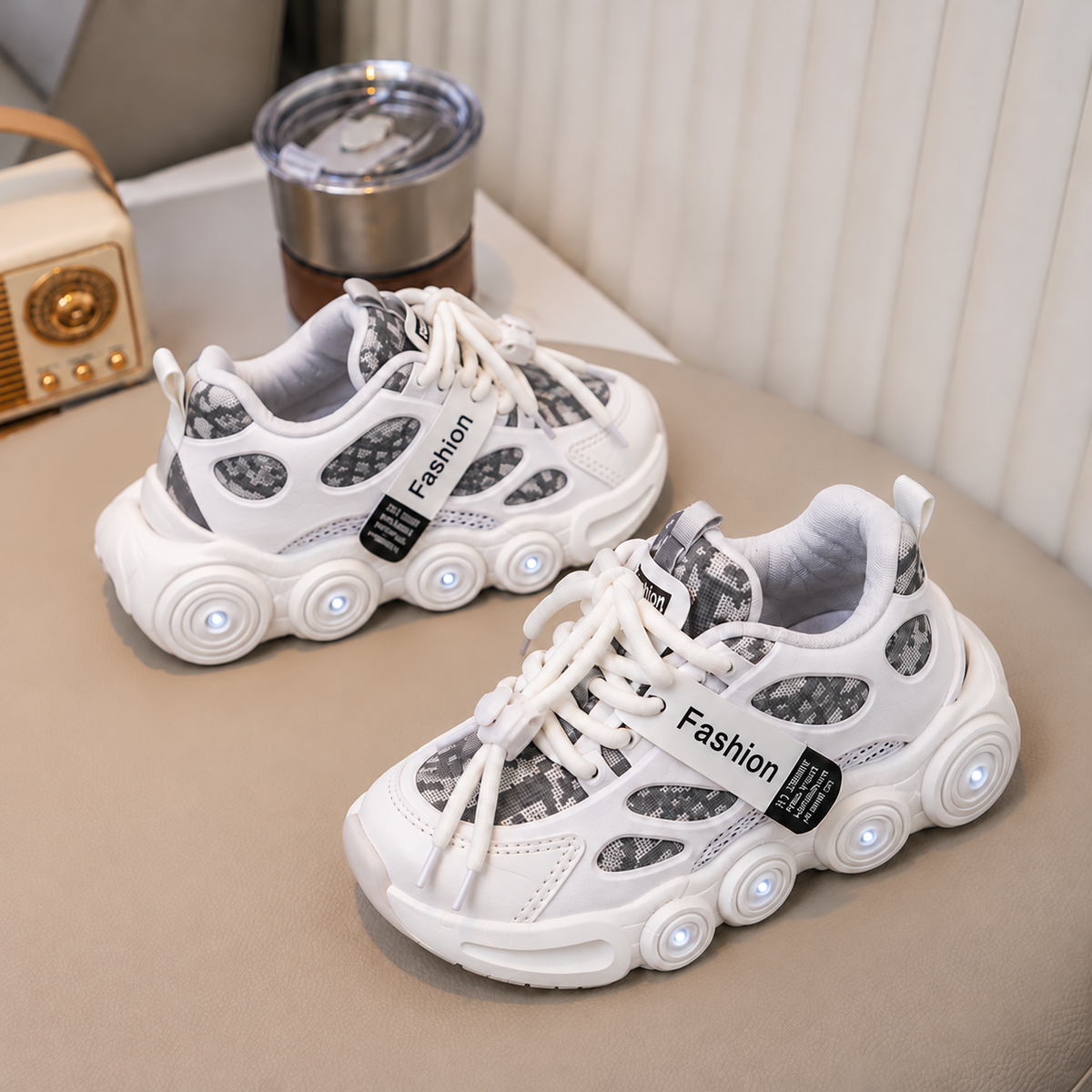 Kids’ Trendy Chunky Sneakers with Patterned Panels, Adjustable Lace-Up Fastening and Bold Circular Sole Details – Stylish Everyday Shoes for Boys and Girls