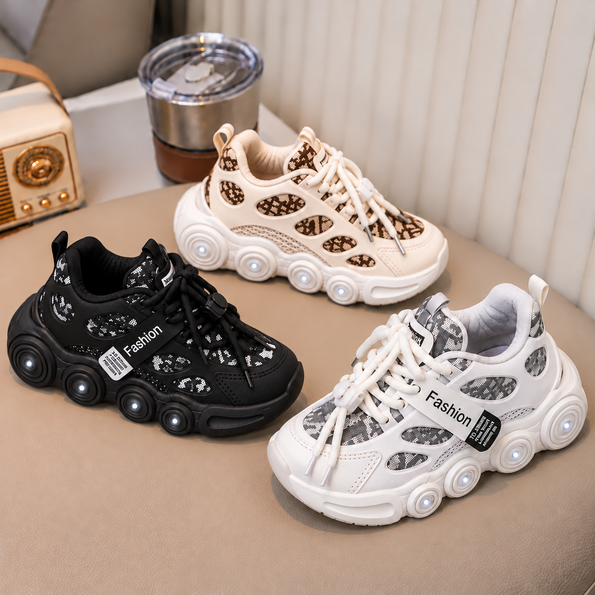 Kids’ Trendy Chunky Sneakers with Patterned Panels, Adjustable Lace-Up Fastening and Bold Circular Sole Details – Stylish Everyday Shoes for Boys and Girls