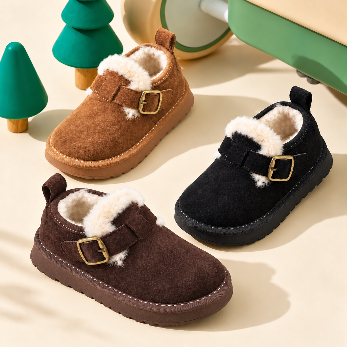 Chaussures montantes pour enfants, doublées de polaire, aspect daim, avec boucle classique et semelle épaisse pour des tenues d'automne et d'hiver ravissantes