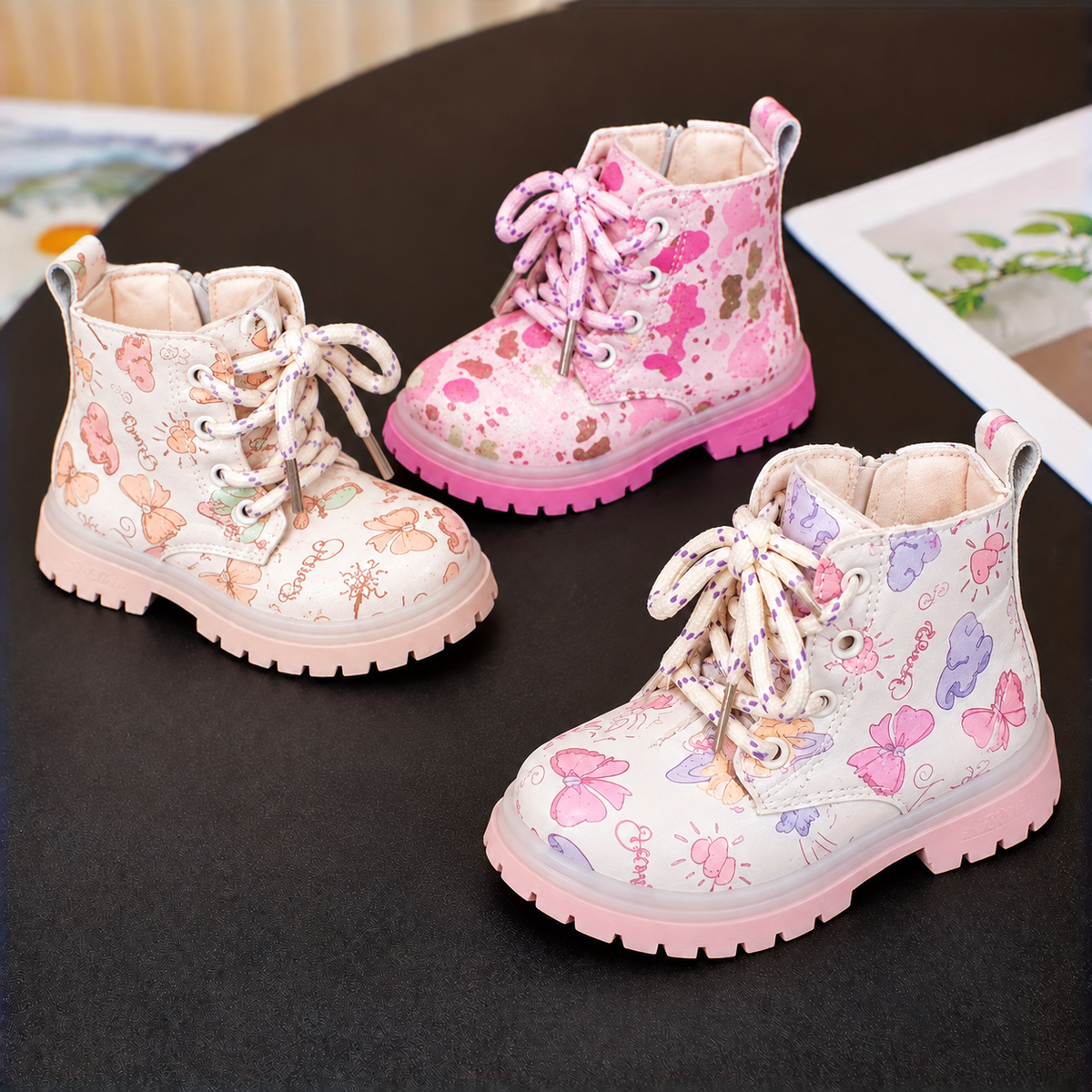 Girls’ Charming Butterfly & Heart Print Lace-Up Ankle Boots
