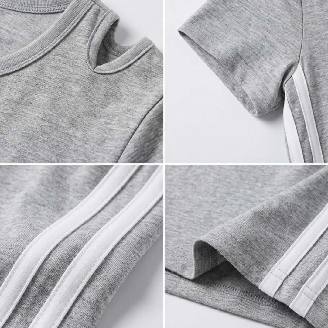 فستان بناتي رمادي فاتح بخط جانبي وأكمام قصيرة