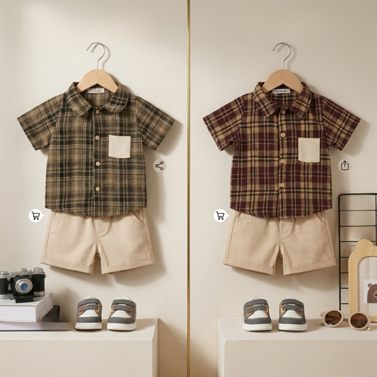 Ensemble d'été 2 pièces pour garçons – Chemise à carreaux et short beige