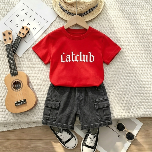 Urban Street Style Boys Set – Red T-Shirt & Cargo Shorts