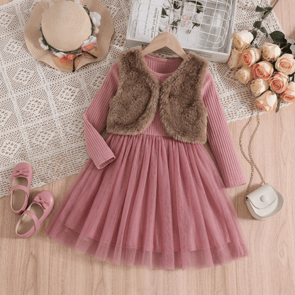 🌸 Elegant Princess Tulle Dress Set for Girls with Faux Fur Vest