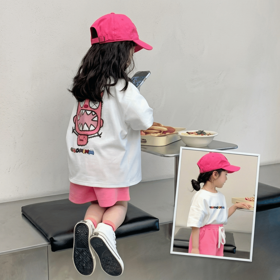 طقم تي شيرت وشورت بناتي برسومات كرتونية