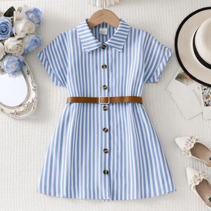 Ensemble robe à rayures bleues et ceinture pour fille